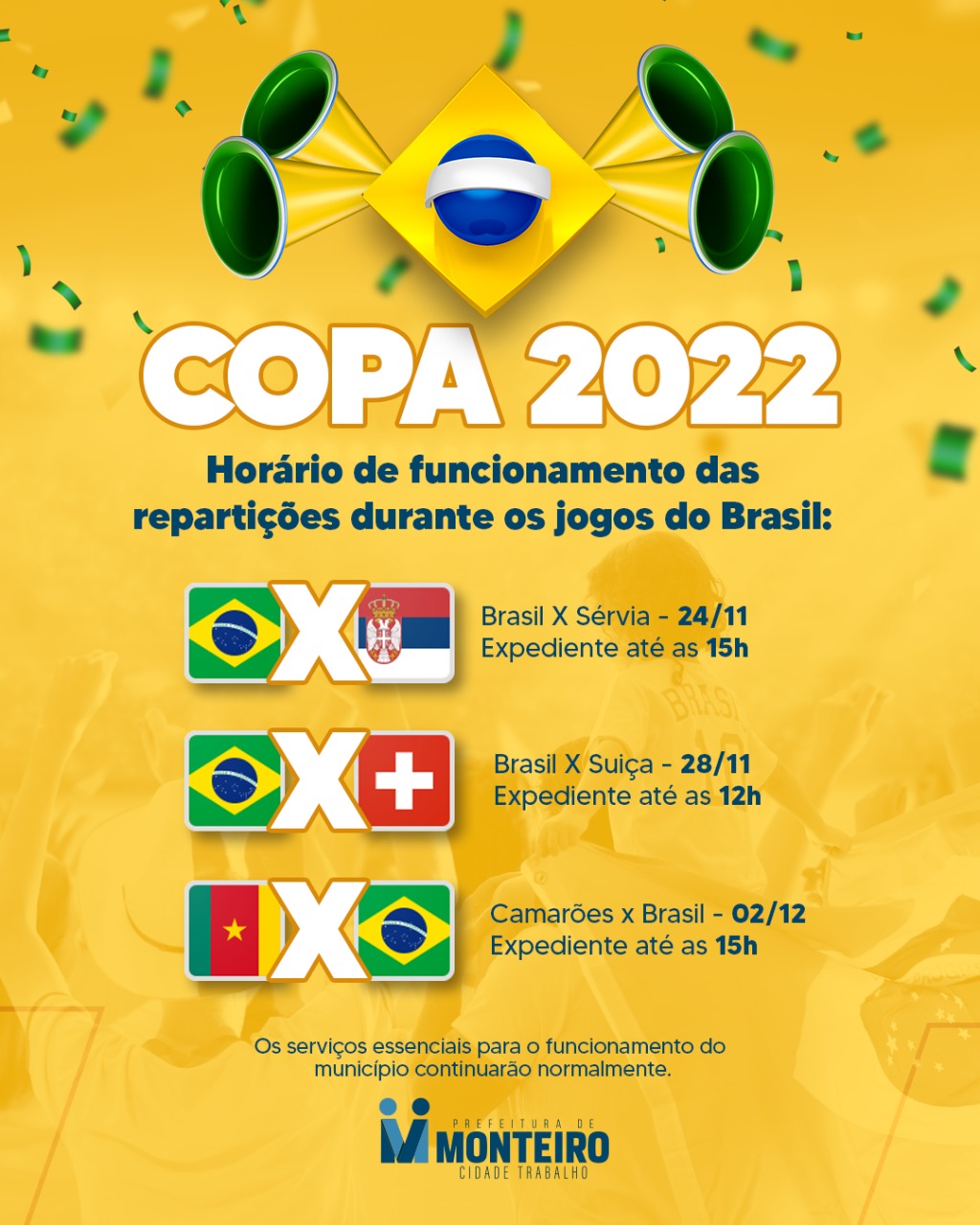 Copa do Mundo: Prefeitura de Monteiro altera expediente nas repartições nos dias dos jogos da seleção brasileira